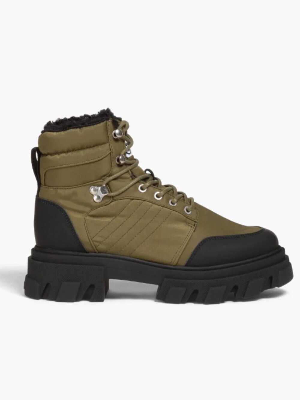 GANNI olive/blk quilted upper, lug sole, shearling lined hikers - EU40